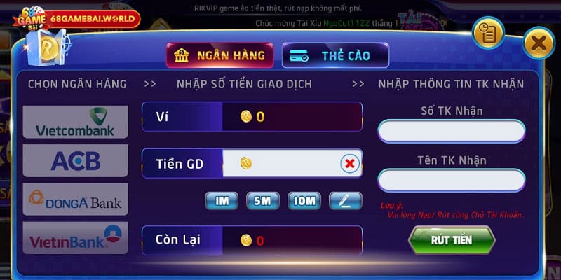 Hướng dẫn nạp tiền 68 Game Bài đơn giản nhất